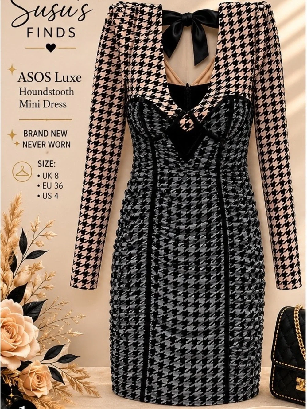 ASOS Black and Beige Houndstooth Long-Sleeve Bodycon Dress with Bow Back - Picture 2 of 6